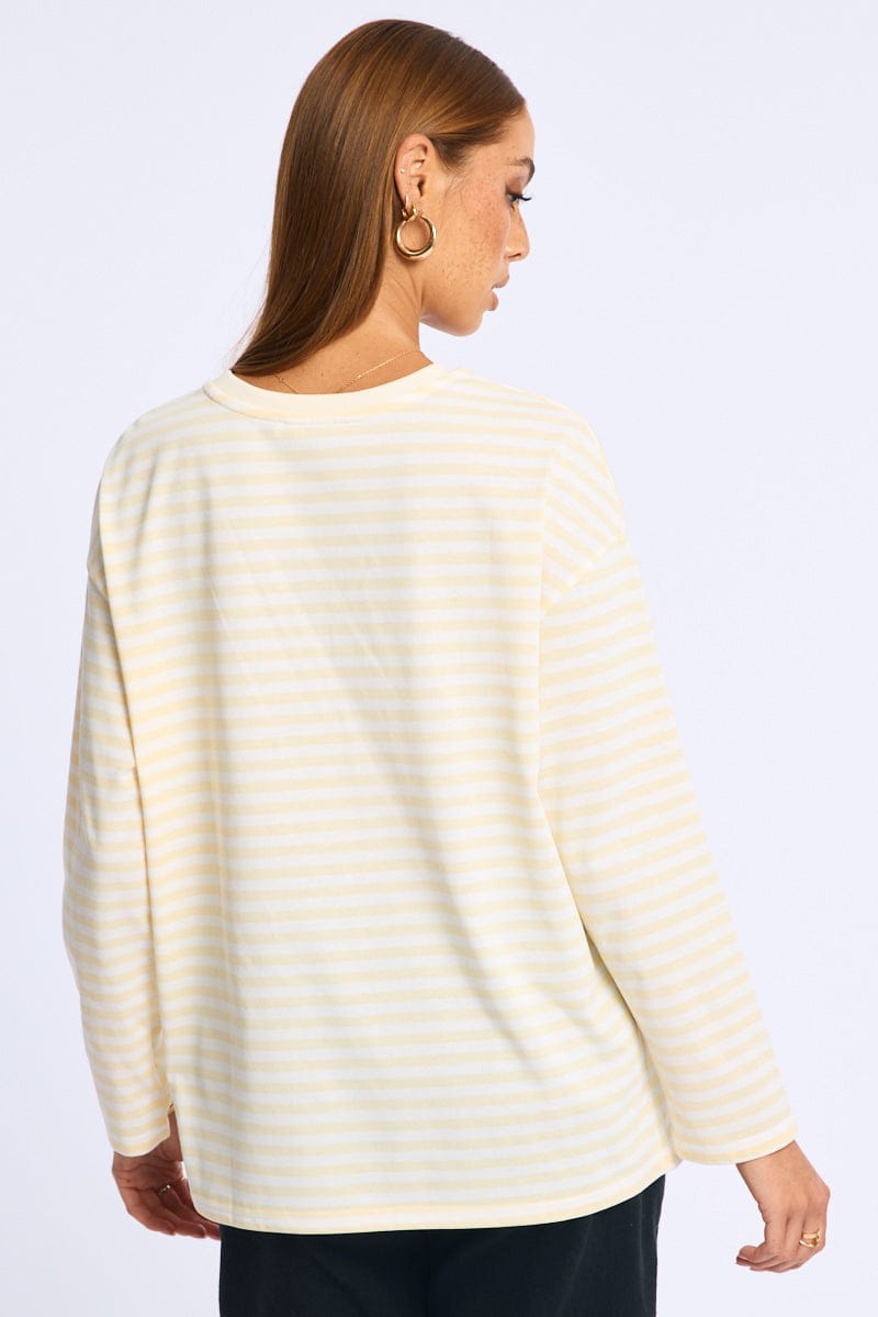 Yellow Stripe Striped Top Crew Neck Long Sleeve for Ally Fashion