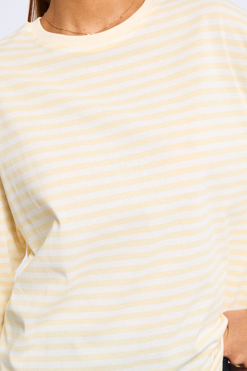 Yellow Stripe Striped Top Crew Neck Long Sleeve for Ally Fashion