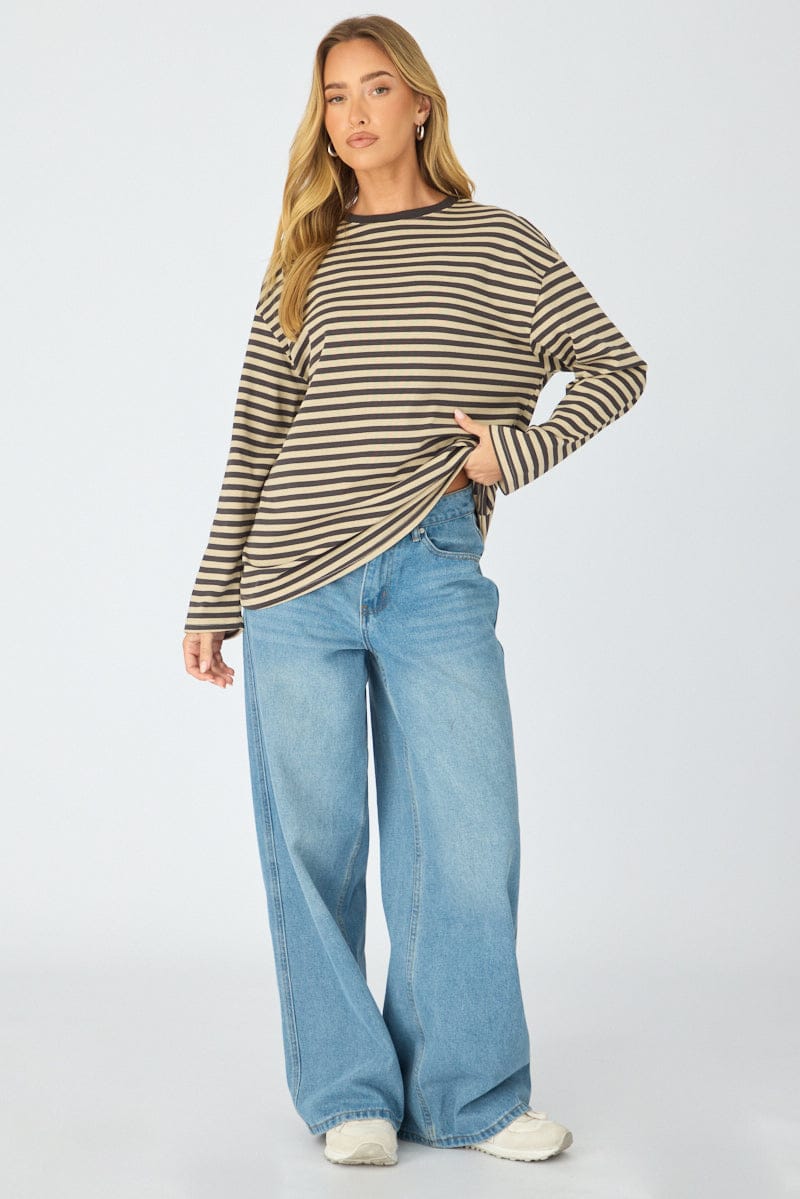 Brown Stripe Striped Top Long Sleeve Crew Neck for Ally Fashion