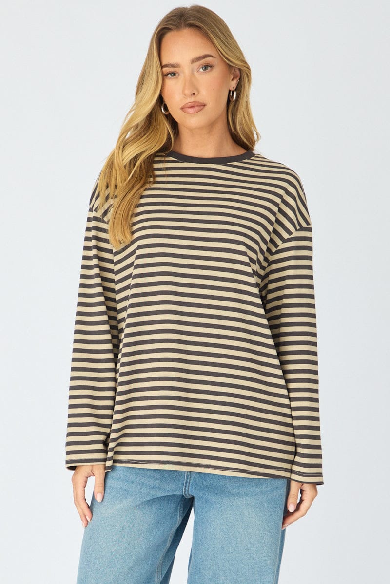 Brown Stripe Striped Top Long Sleeve Crew Neck for Ally Fashion