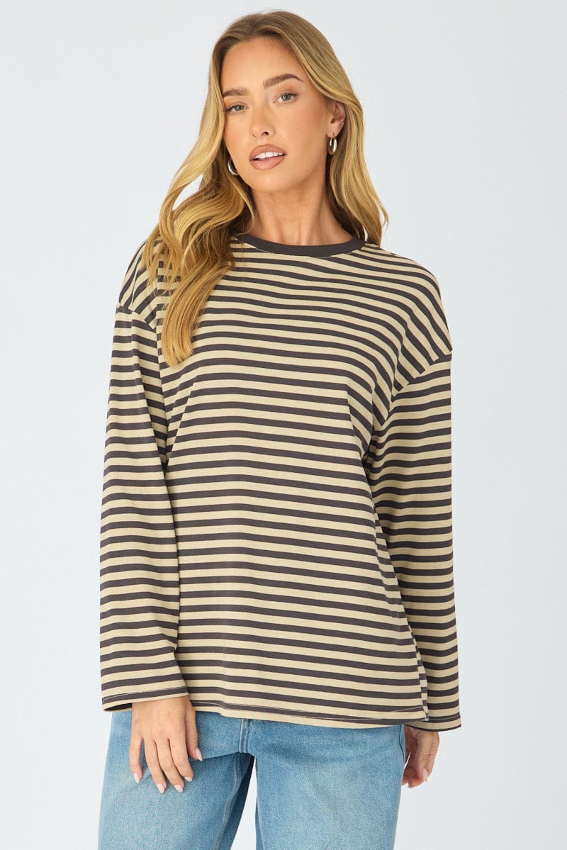 Brown Stripe Striped Top Long Sleeve Crew Neck for Ally Fashion