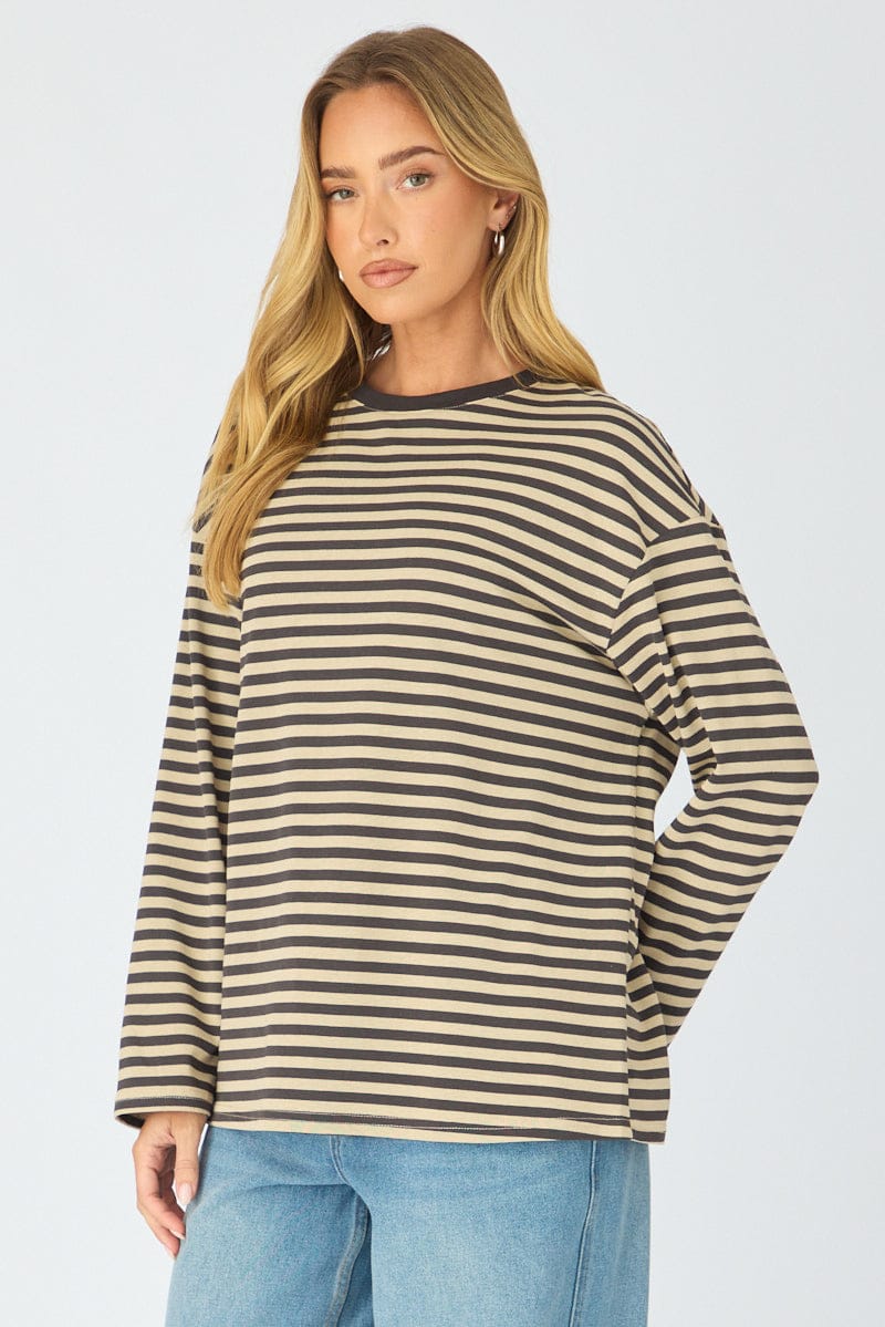 Brown Stripe Striped Top Long Sleeve Crew Neck for Ally Fashion