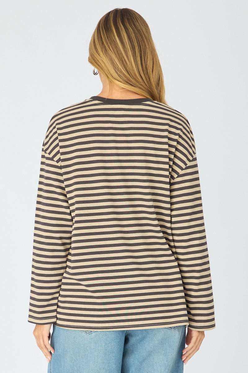Brown Stripe Striped Top Long Sleeve Crew Neck for Ally Fashion