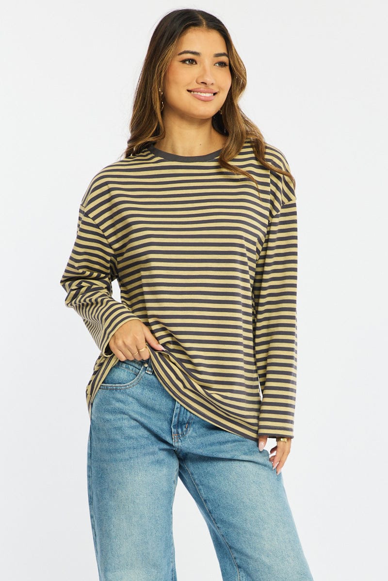 Yellow Stripe Striped Top Crew Neck Long Sleeve for Ally Fashion