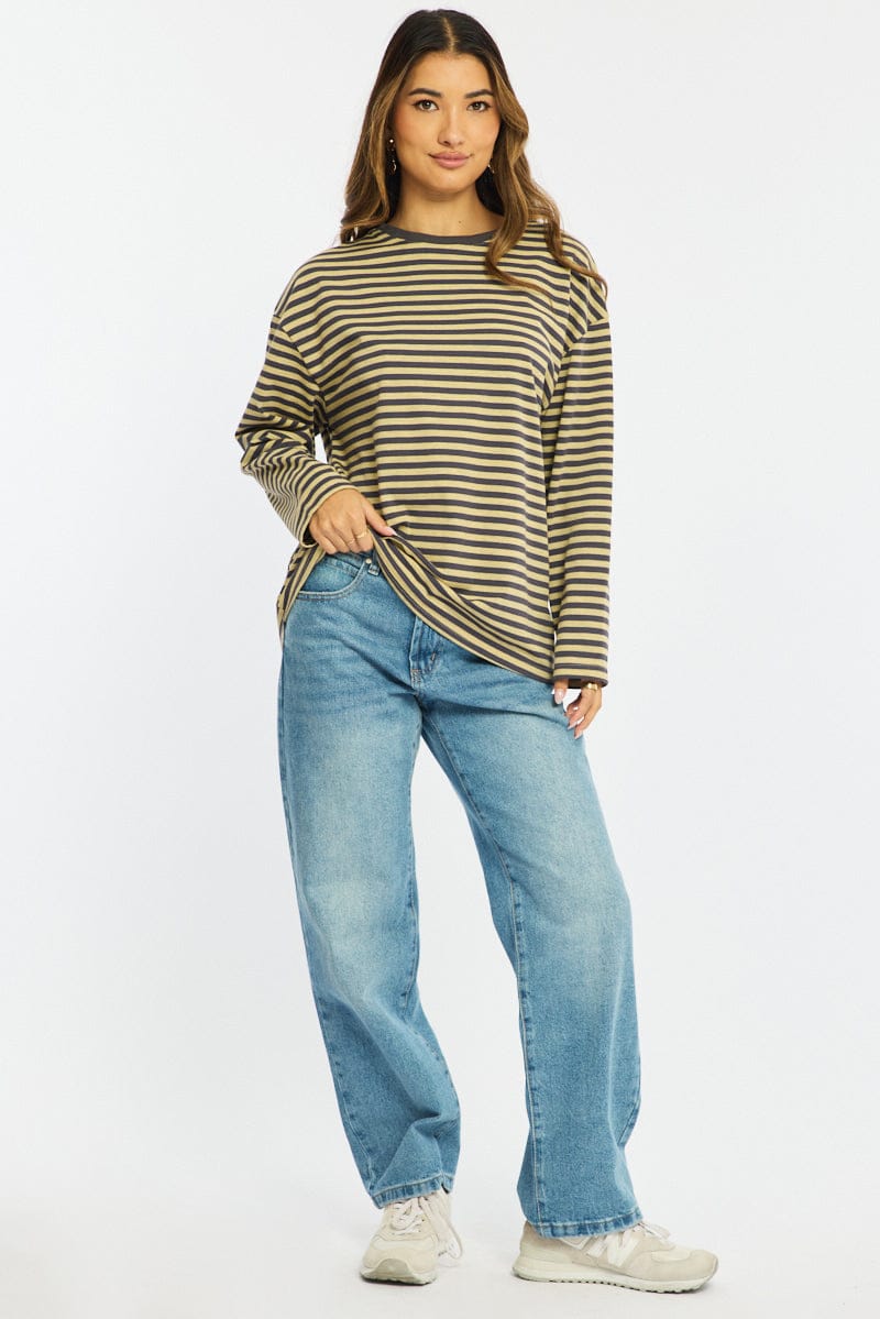 Yellow Stripe Striped Top Crew Neck Long Sleeve for Ally Fashion