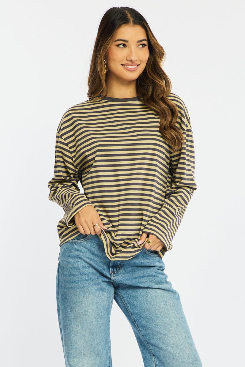 Yellow Stripe Striped Top Crew Neck Long Sleeve for Ally Fashion