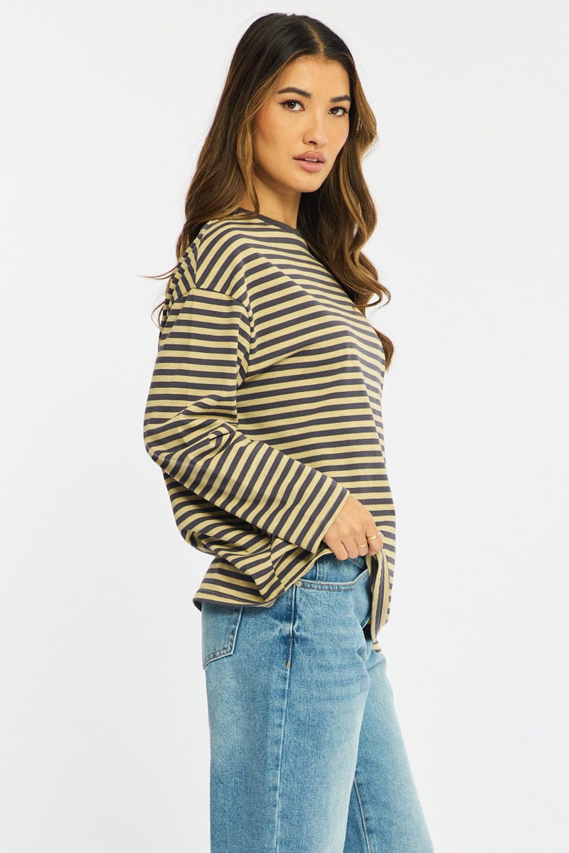 Yellow Stripe Striped Top Crew Neck Long Sleeve for Ally Fashion