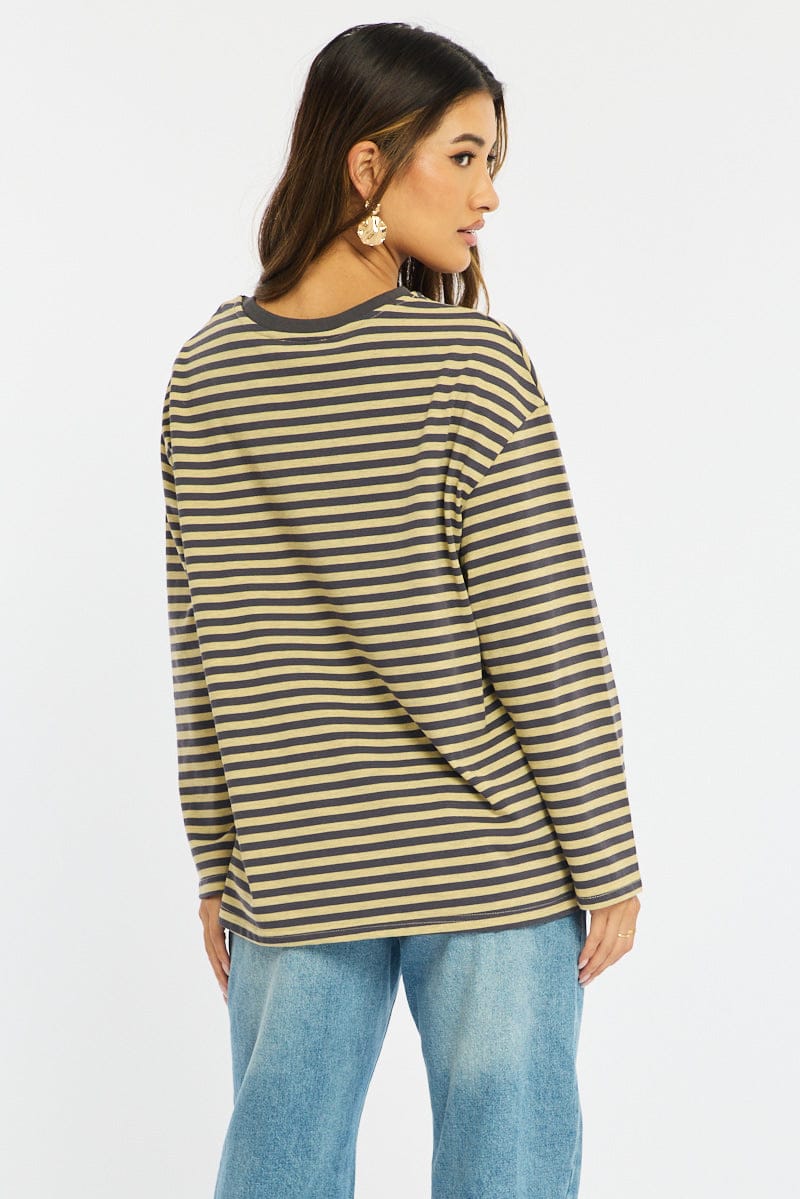 Yellow Stripe Striped Top Crew Neck Long Sleeve for Ally Fashion