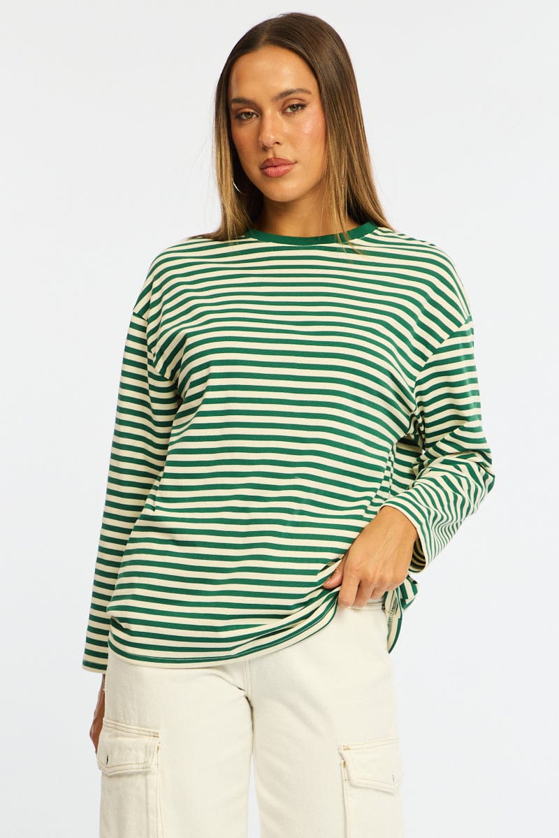 Green Stripe Striped Top Crew Neck Long Sleeve for Ally Fashion