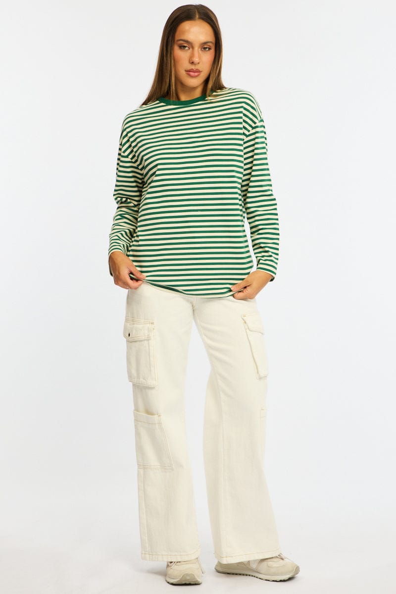Green Stripe Striped Top Crew Neck Long Sleeve for Ally Fashion