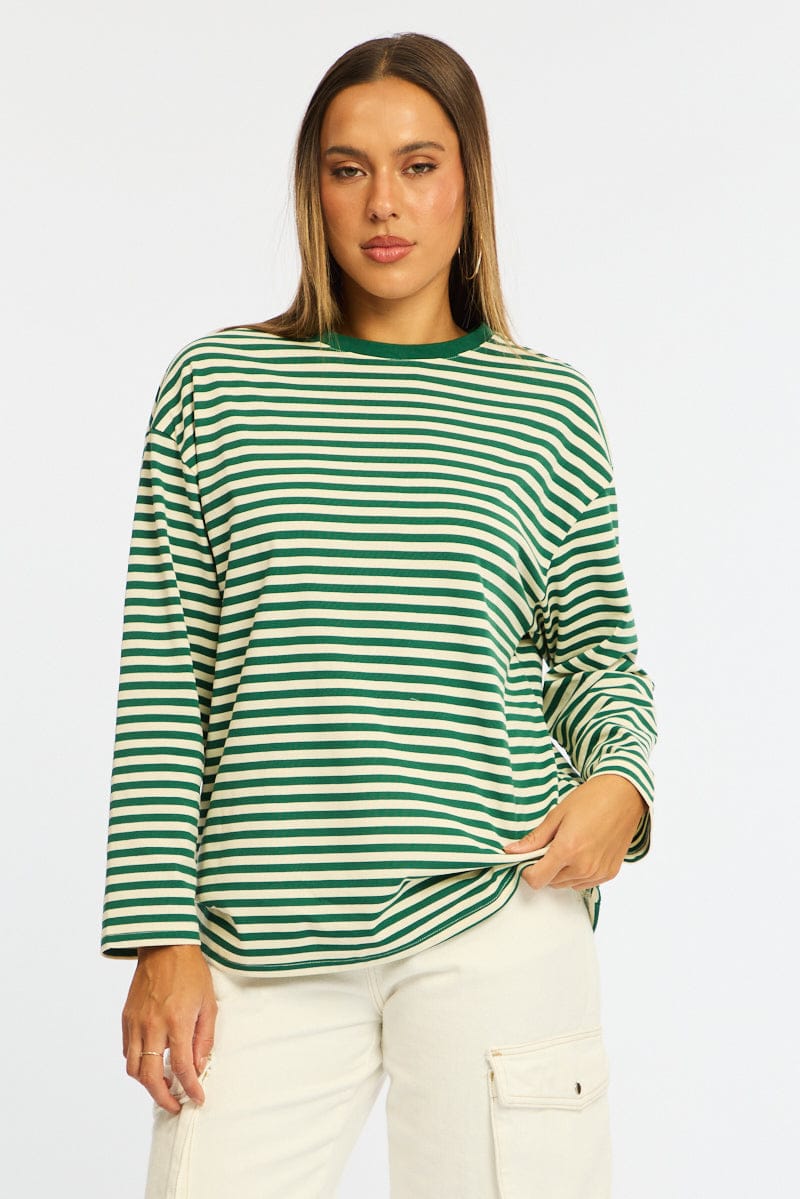 Green Stripe Striped Top Crew Neck Long Sleeve for Ally Fashion