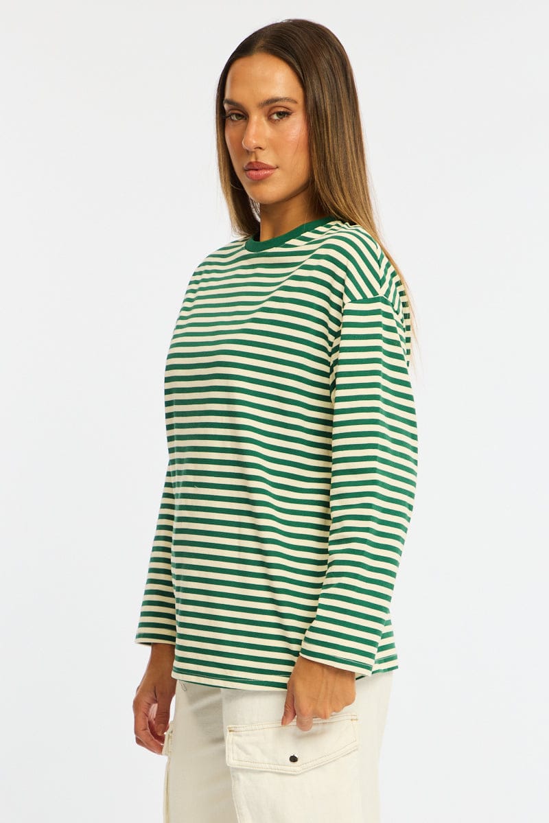 Green Stripe Striped Top Crew Neck Long Sleeve for Ally Fashion