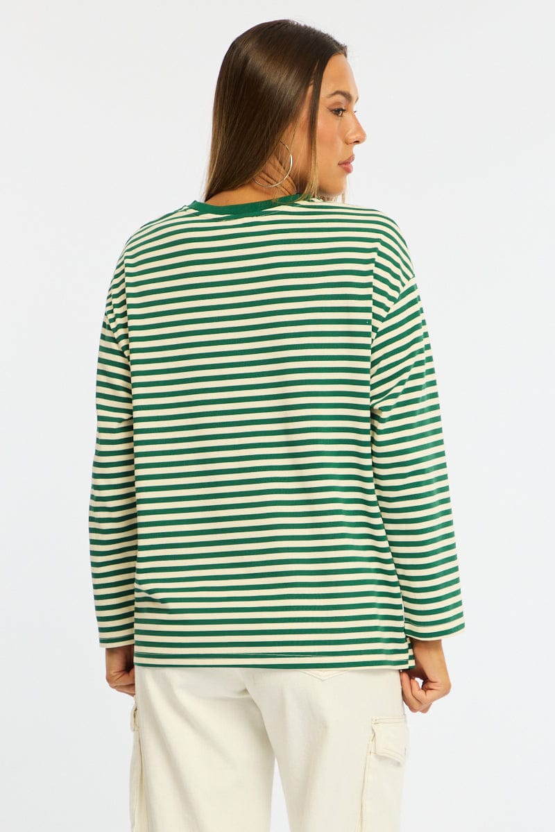 Green Stripe Striped Top Crew Neck Long Sleeve for Ally Fashion