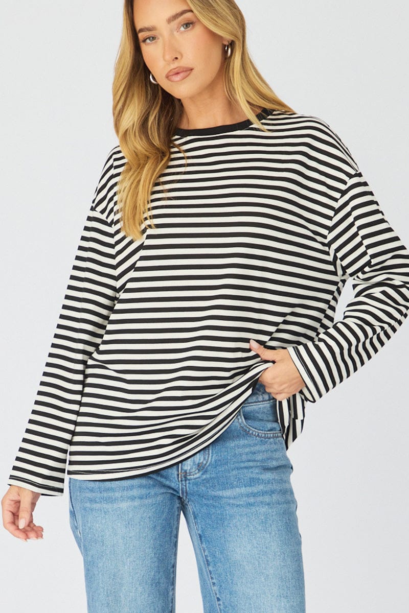 Black Stripe Striped Top Long Sleeve Crew Neck for Ally Fashion