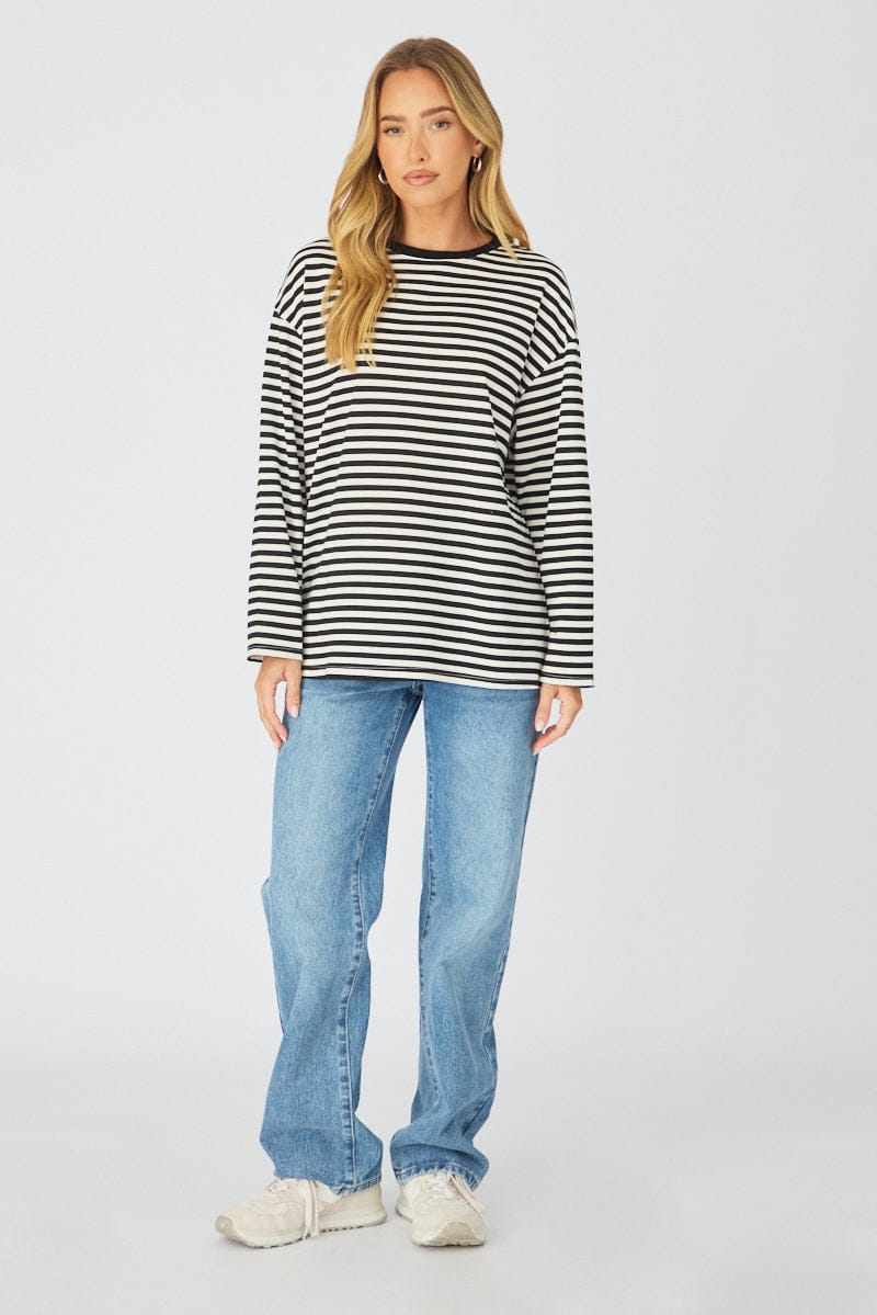 Black Stripe Striped Top Long Sleeve Crew Neck for Ally Fashion