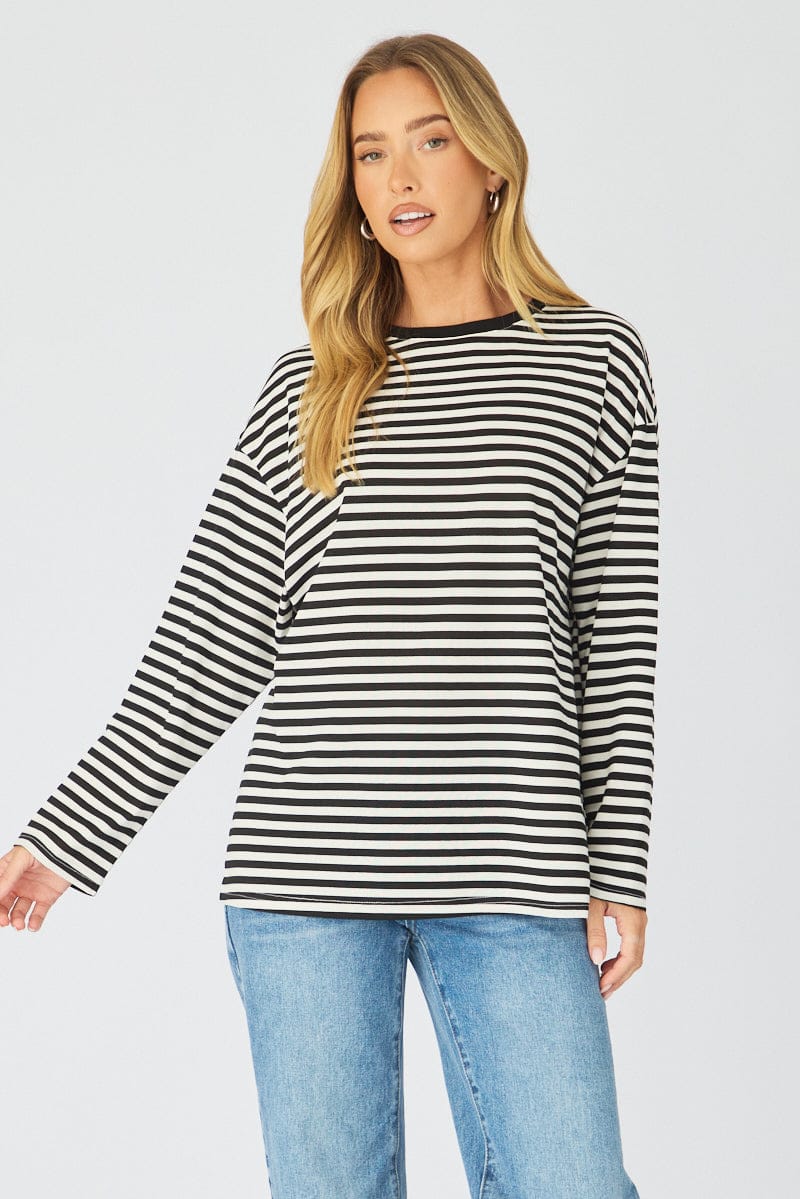 Black Stripe Striped Top Long Sleeve Crew Neck for Ally Fashion