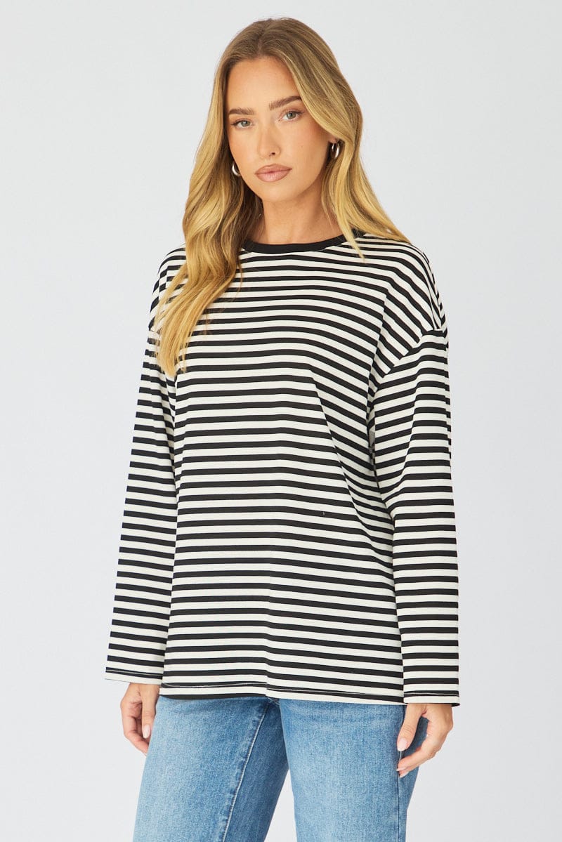 Black Stripe Striped Top Long Sleeve Crew Neck for Ally Fashion