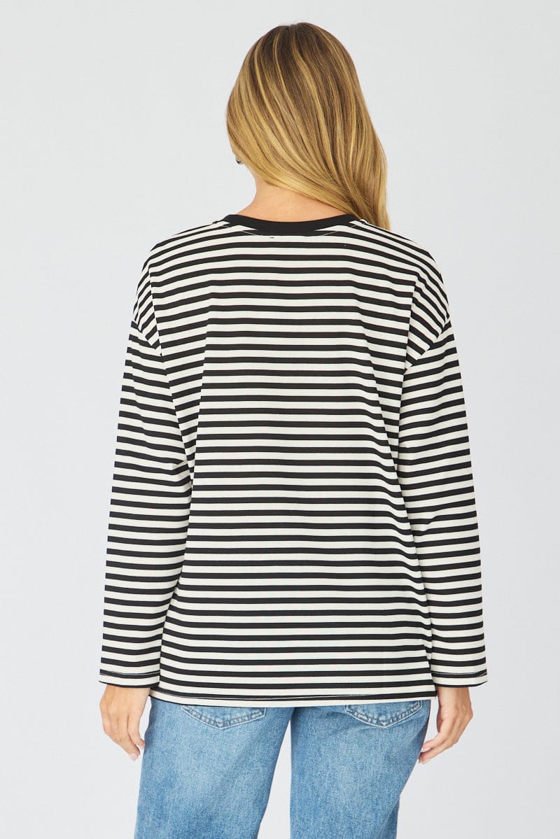 Black Stripe Striped Top Long Sleeve Crew Neck for Ally Fashion