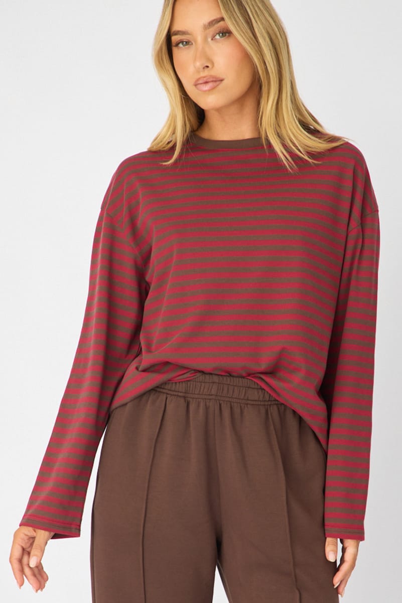 Red Stripe Oversized Tee Long Sleeve for Ally Fashion
