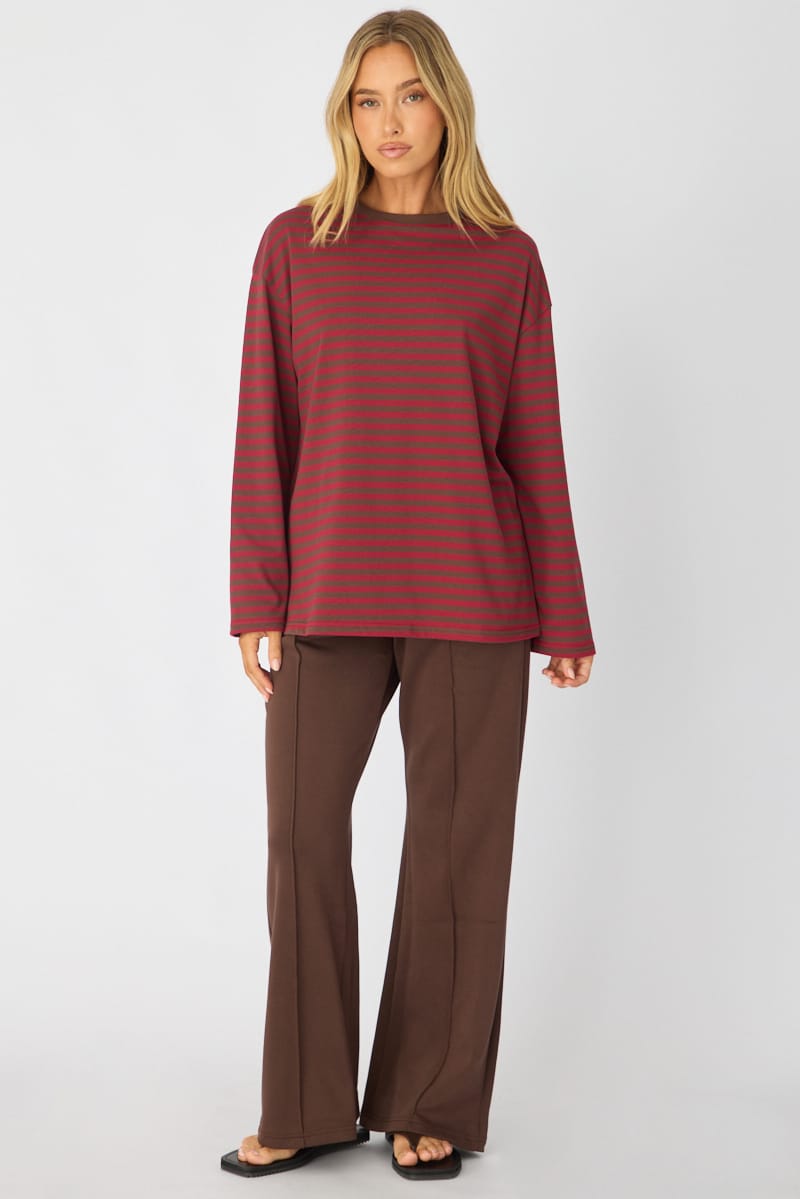 Red Stripe Oversized Tee Long Sleeve for Ally Fashion