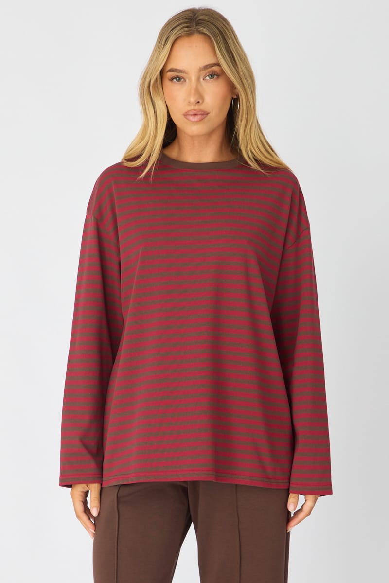 Red Stripe Oversized Tee Long Sleeve for Ally Fashion