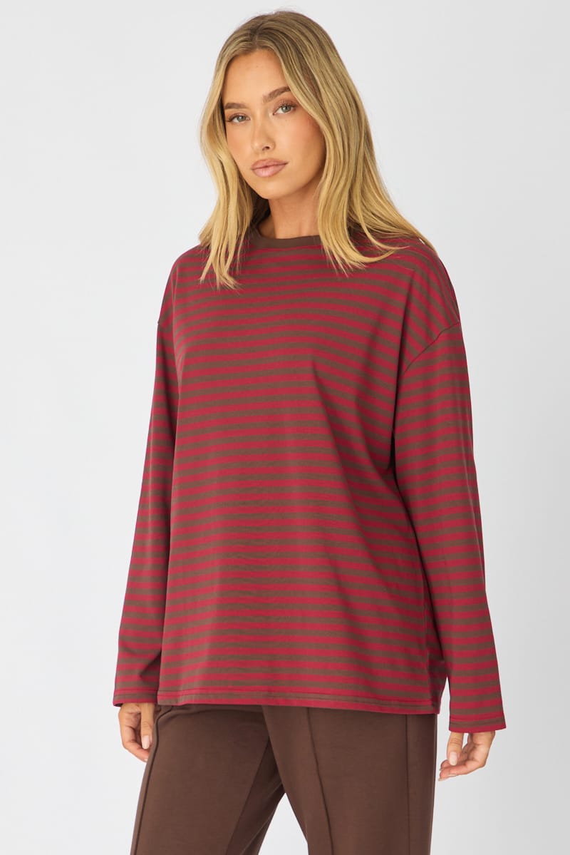 Red Stripe Oversized Tee Long Sleeve for Ally Fashion
