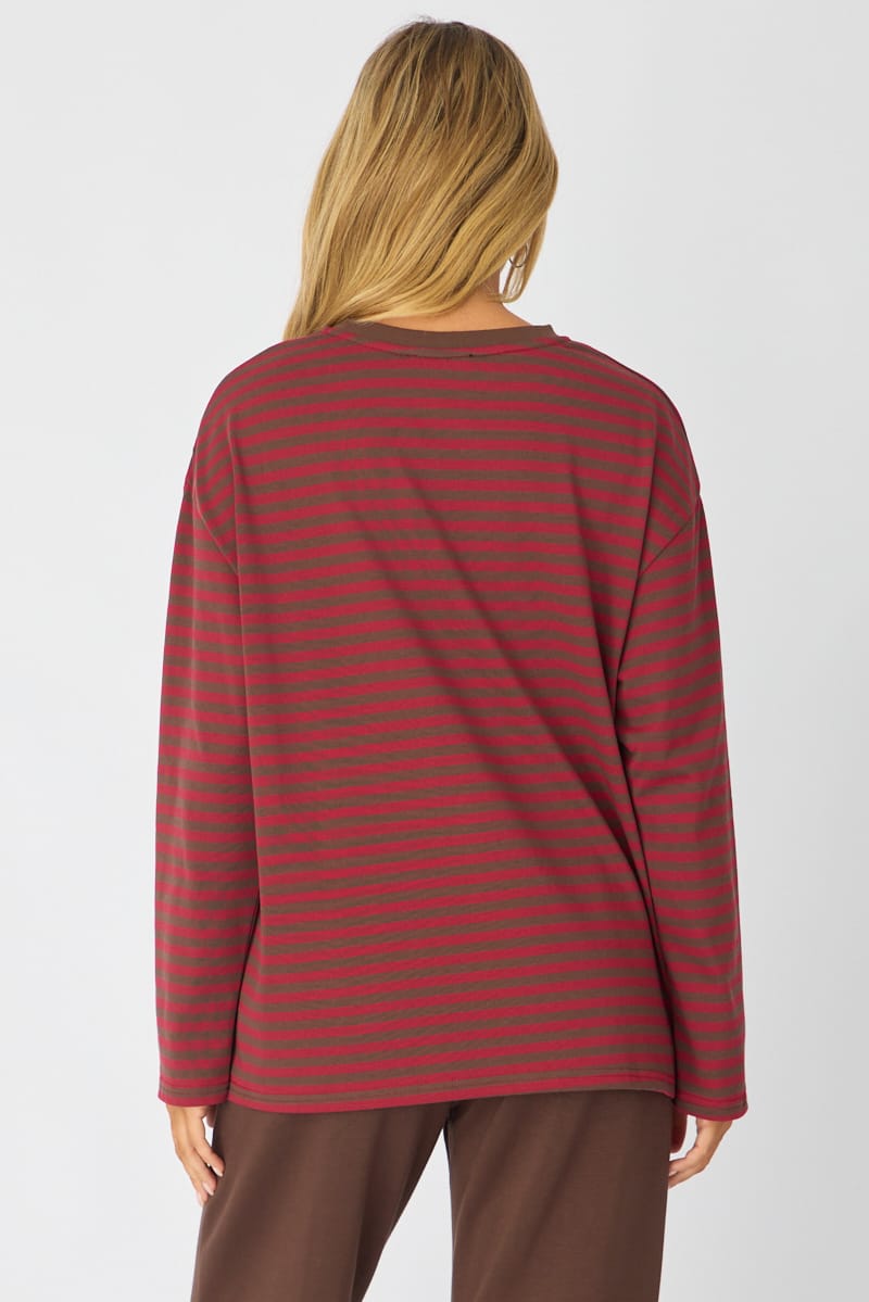 Red Stripe Oversized Tee Long Sleeve for Ally Fashion
