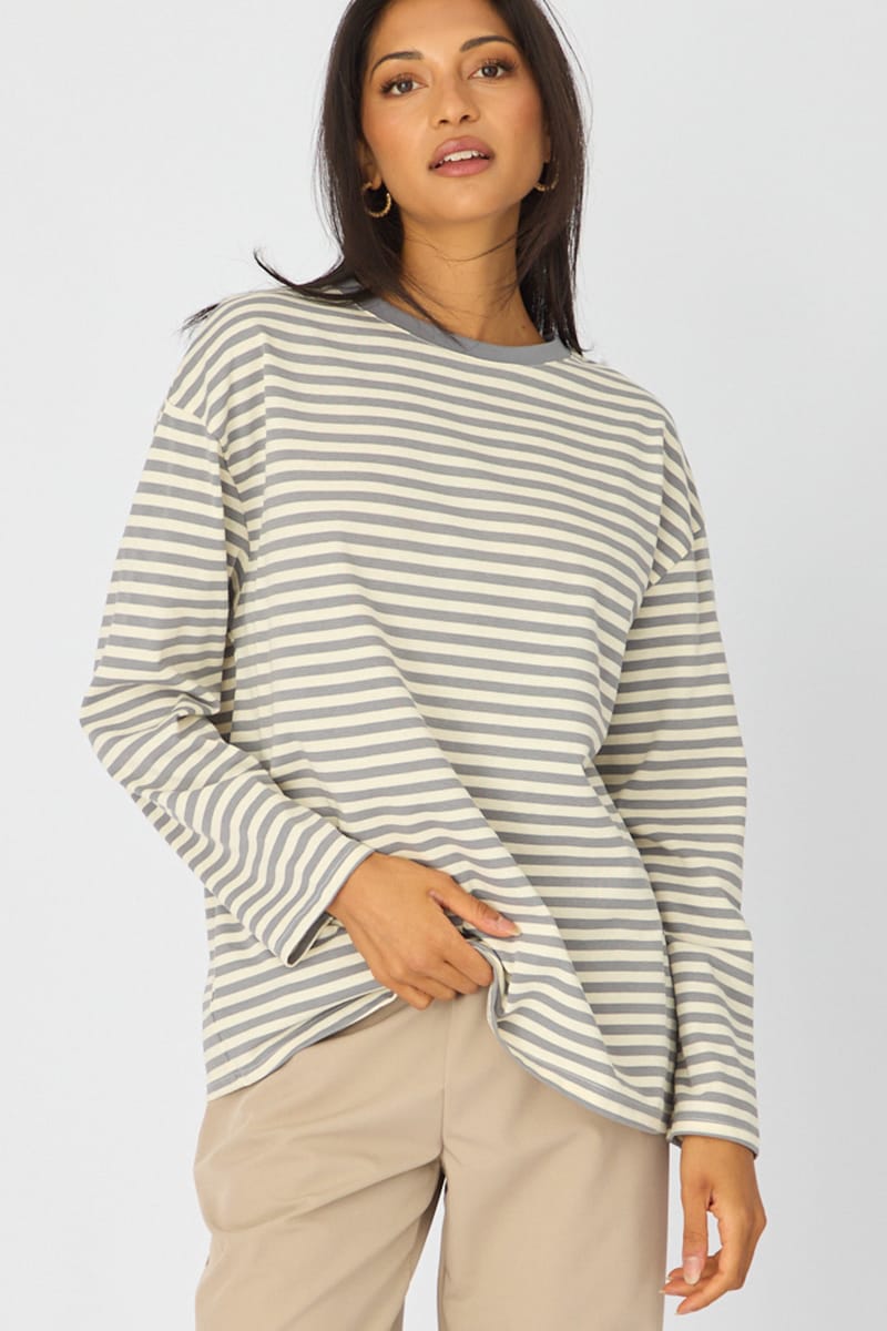 Grey Stripe Oversized Tee Long Sleeve for Ally Fashion
