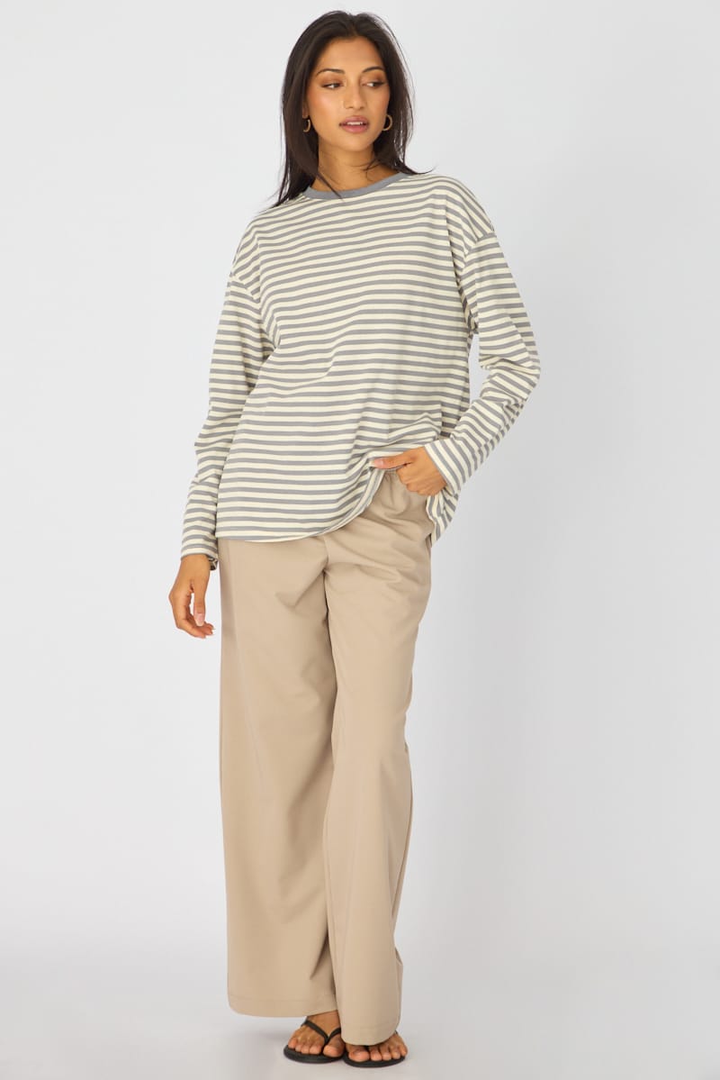 Grey Stripe Oversized Tee Long Sleeve for Ally Fashion