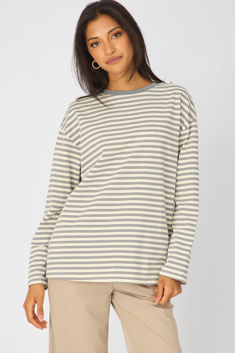 Grey Stripe Oversized Tee Long Sleeve for Ally Fashion