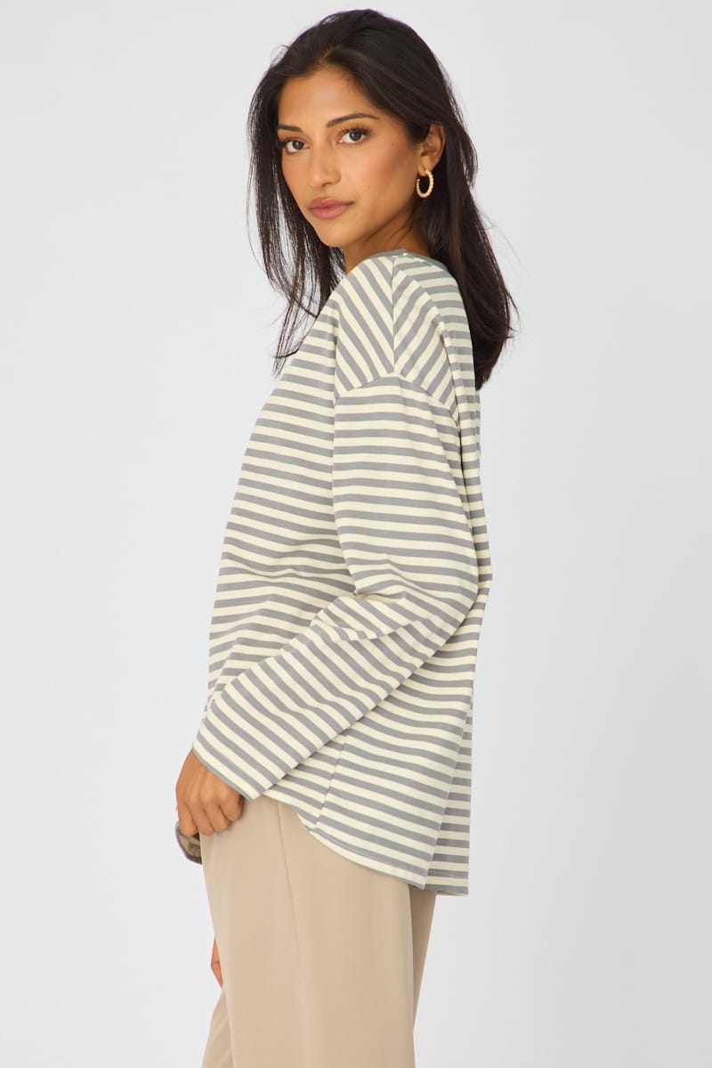 Grey Stripe Oversized Tee Long Sleeve for Ally Fashion