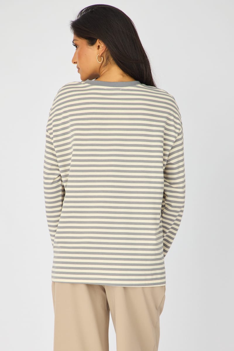 Grey Stripe Oversized Tee Long Sleeve for Ally Fashion