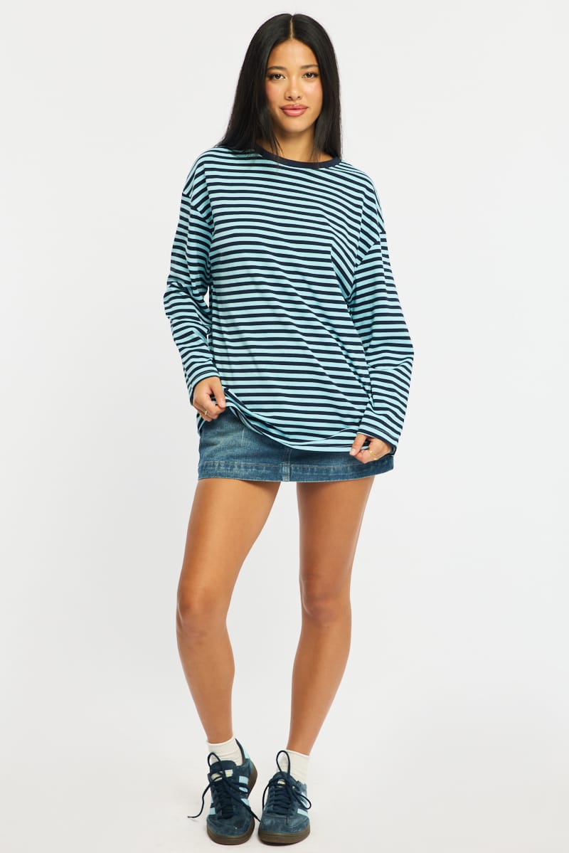 Blue Stripe Striped Top Crew Neck Long Sleeve for Ally Fashion