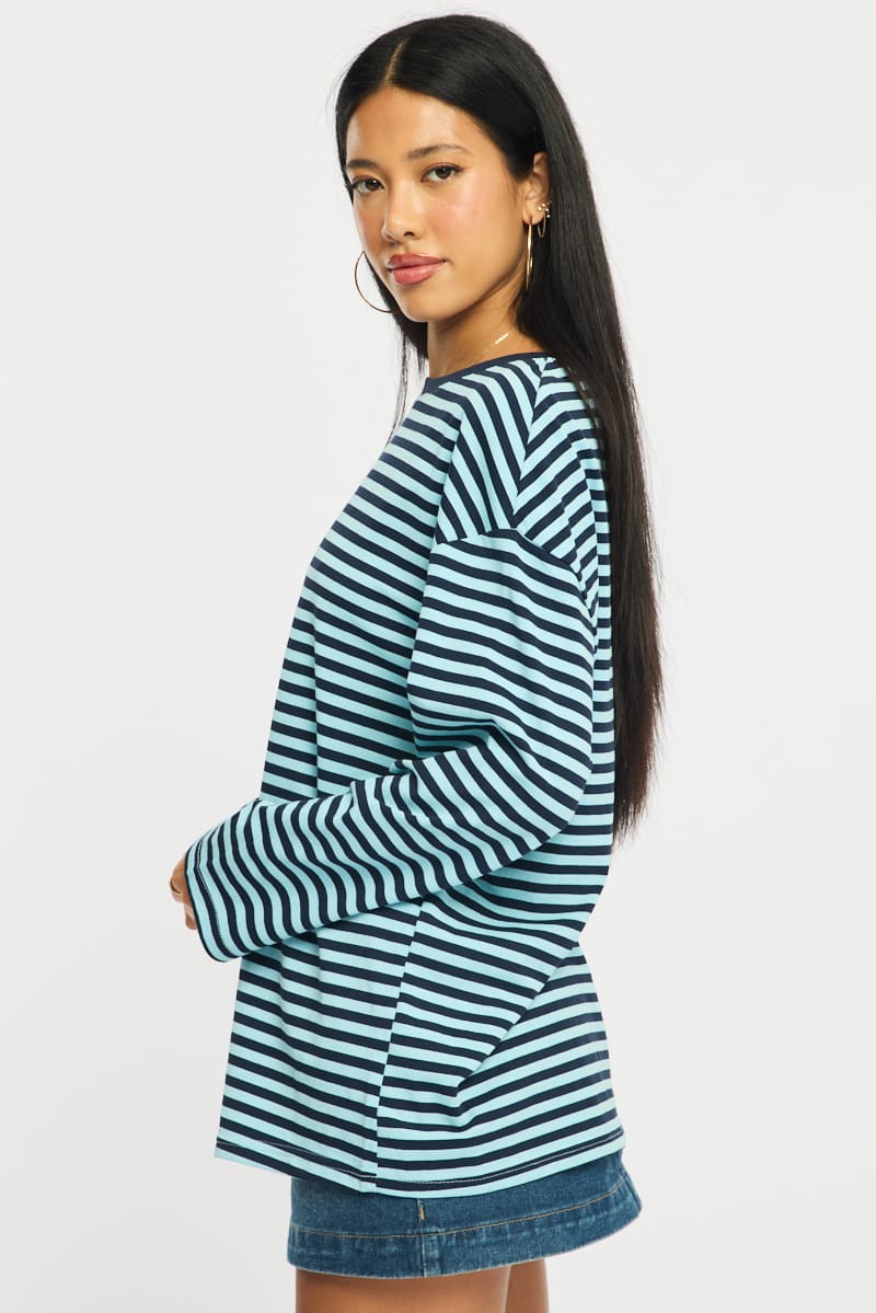 Blue Stripe Striped Top Crew Neck Long Sleeve for Ally Fashion