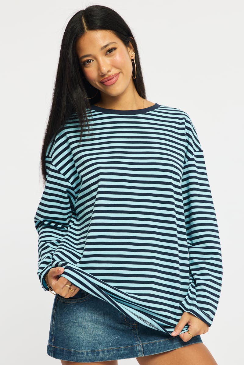 Blue Stripe Striped Top Crew Neck Long Sleeve for Ally Fashion