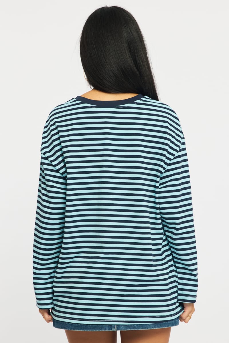 Blue Stripe Striped Top Crew Neck Long Sleeve for Ally Fashion