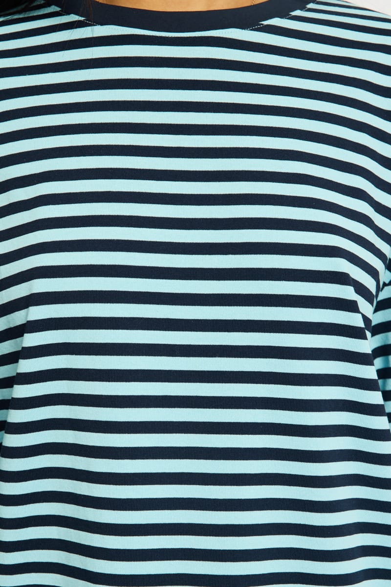 Blue Stripe Striped Top Crew Neck Long Sleeve for Ally Fashion