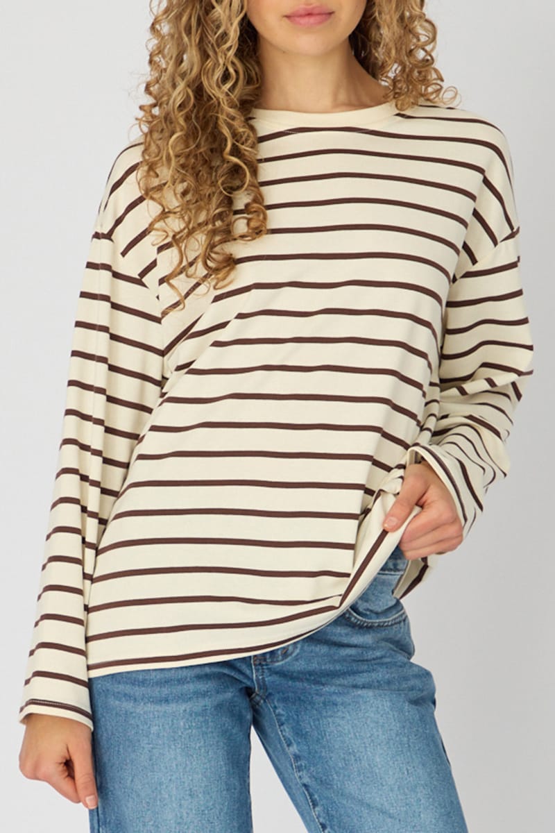 Brown Stripe Oversized Tee Long Sleeve for Ally Fashion