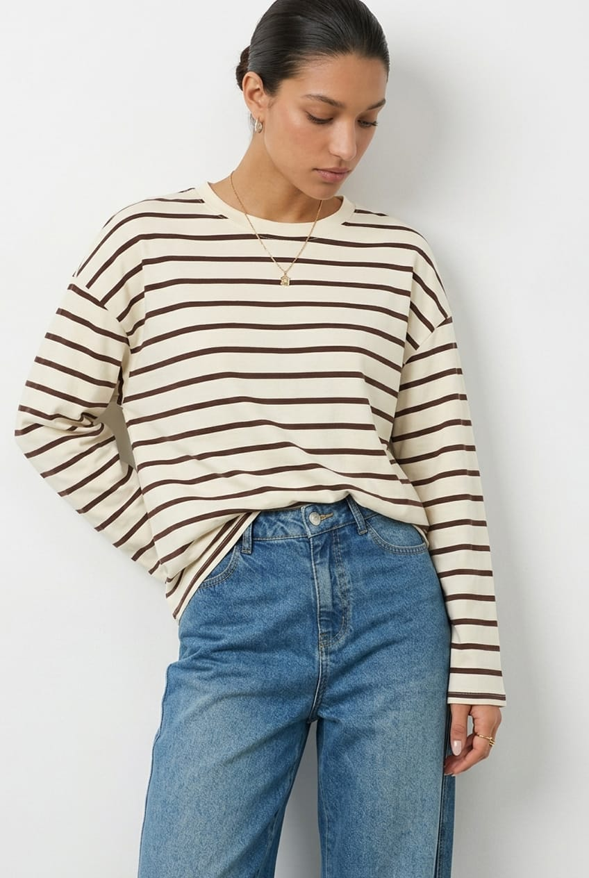 Brown Stripe Oversized Tee Long Sleeve for Ally Fashion