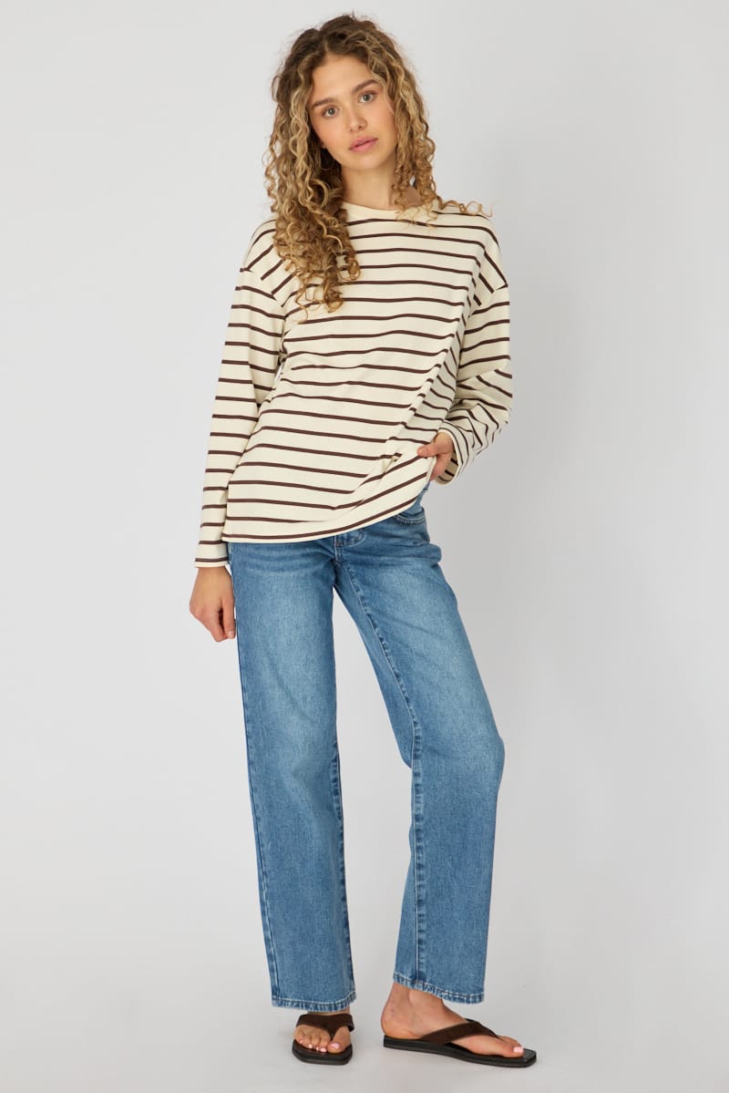 Brown Stripe Oversized Tee Long Sleeve for Ally Fashion