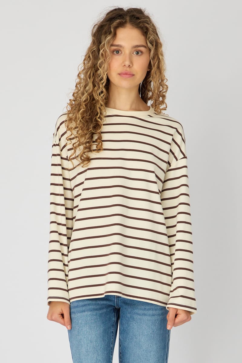 Brown Stripe Oversized Tee Long Sleeve for Ally Fashion