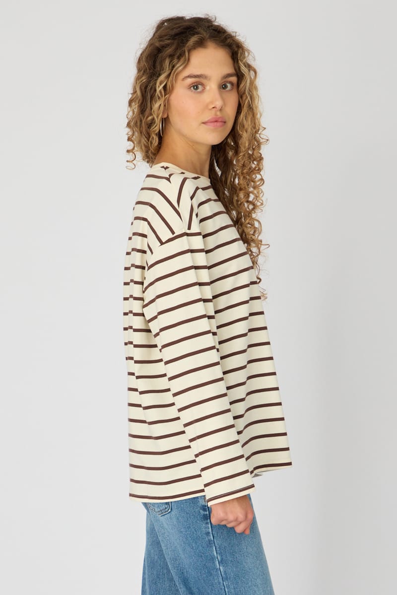 Brown Stripe Oversized Tee Long Sleeve for Ally Fashion