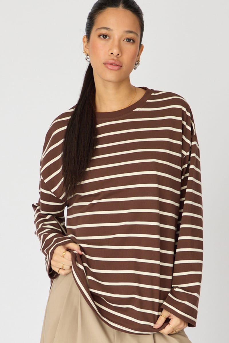 Brown Stripe Oversized Tee Long Sleeve for Ally Fashion