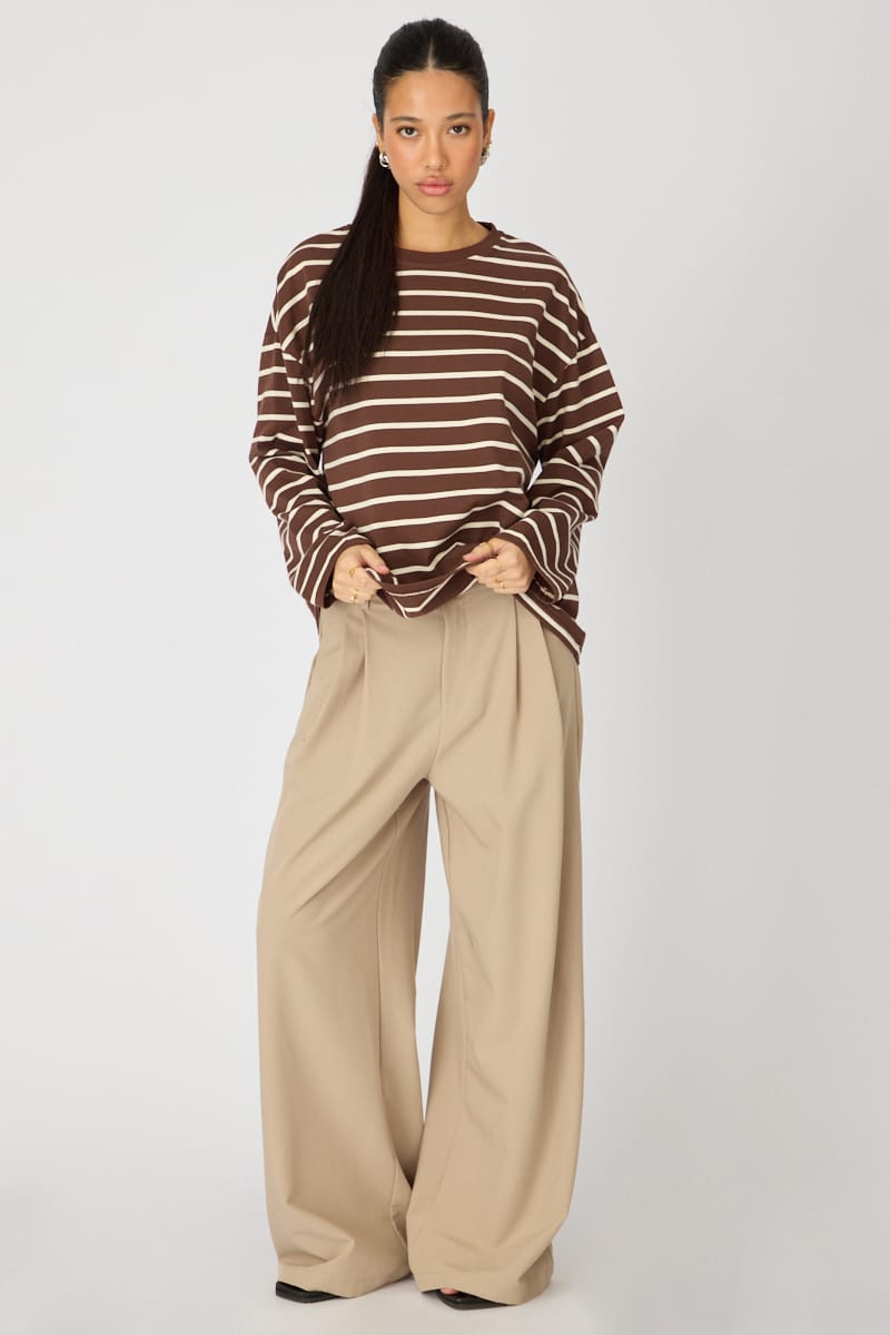 Brown Stripe Oversized Tee Long Sleeve for Ally Fashion