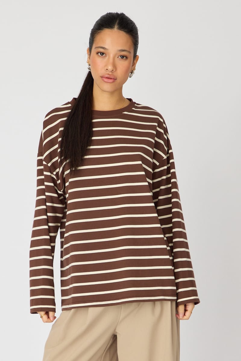 Brown Stripe Oversized Tee Long Sleeve for Ally Fashion