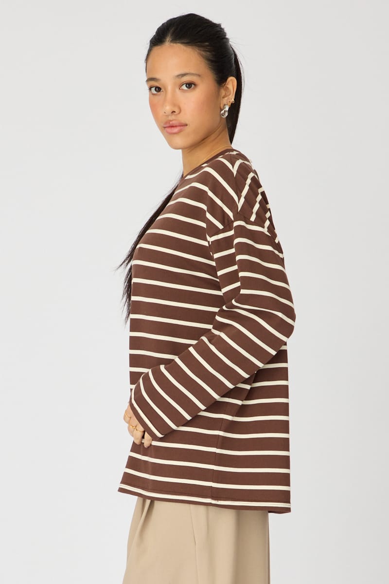 Brown Stripe Oversized Tee Long Sleeve for Ally Fashion