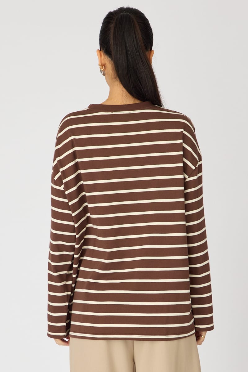 Brown Stripe Oversized Tee Long Sleeve for Ally Fashion
