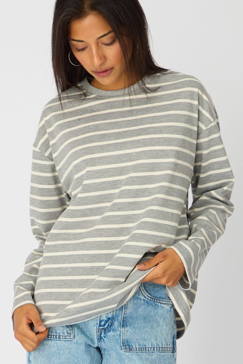 Grey Stripe Oversized Tee Long Sleeve for Ally Fashion
