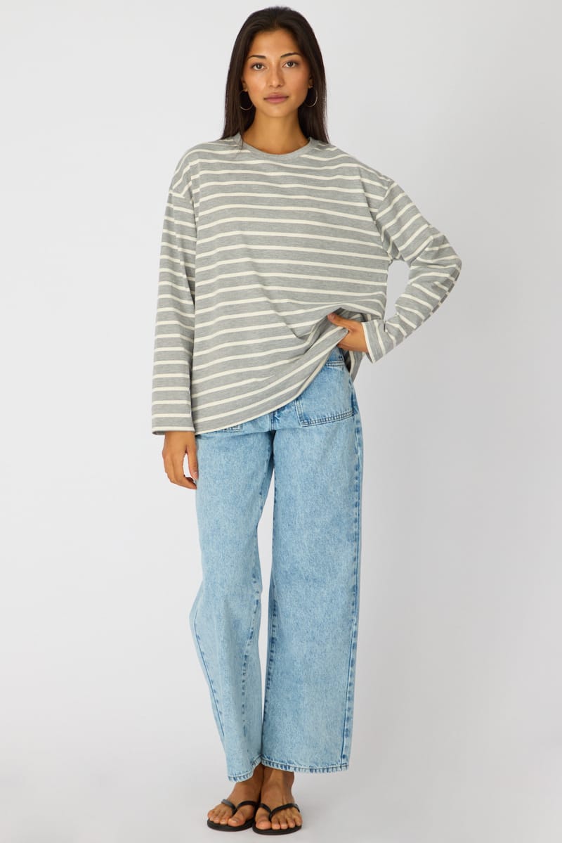 Grey Stripe Oversized Tee Long Sleeve for Ally Fashion