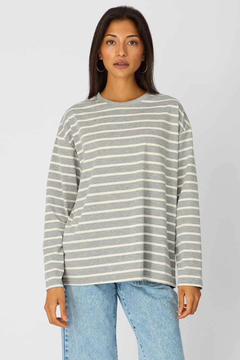 Grey Stripe Oversized Tee Long Sleeve for Ally Fashion